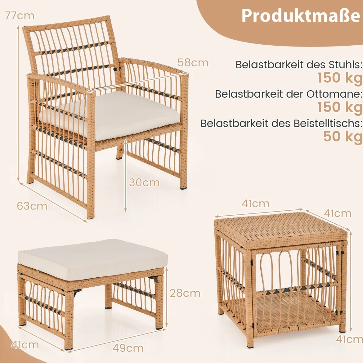 5-Teiliges Rattan Gartenmöbel Set Balkonmöbel mit 2 Sessel 2 Hocker & 2-Stöckiger Kaffeetisch Loungeset