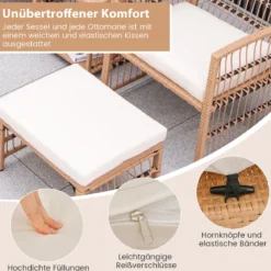 5-Teiliges Rattan Gartenmöbel Set Balkonmöbel mit 2 Sessel 2 Hocker & 2-Stöckiger Kaffeetisch Loungeset