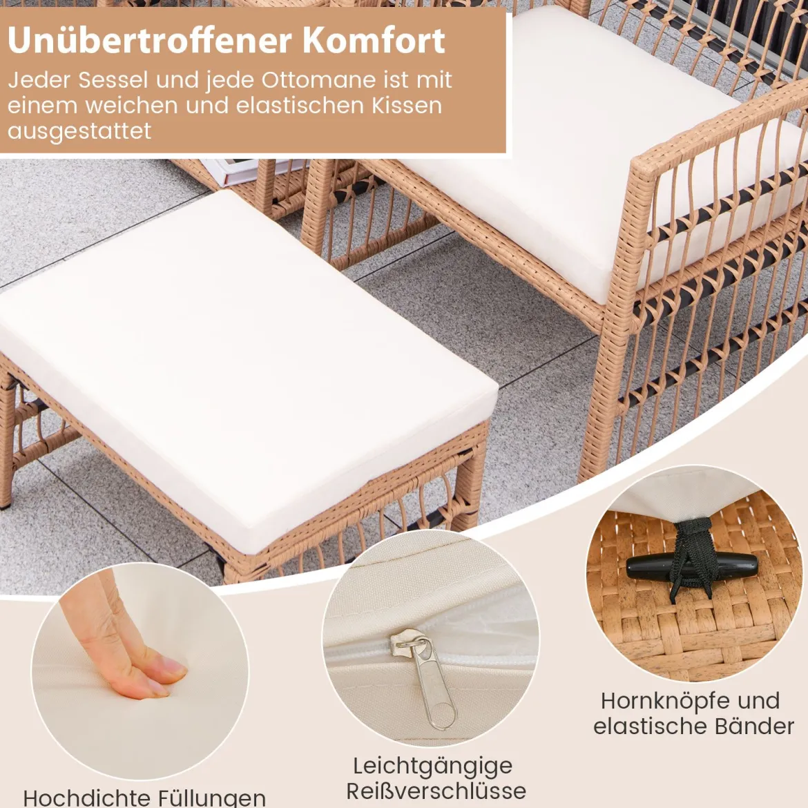 5-Teiliges Rattan Gartenmöbel Set Balkonmöbel mit 2 Sessel 2 Hocker & 2-Stöckiger Kaffeetisch Loungeset