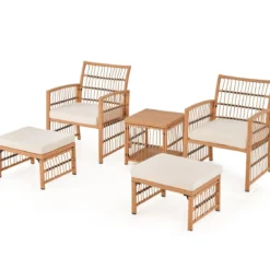 5-Teiliges Rattan Gartenmöbel Set Balkonmöbel mit 2 Sessel 2 Hocker & 2-Stöckiger Kaffeetisch Loungeset