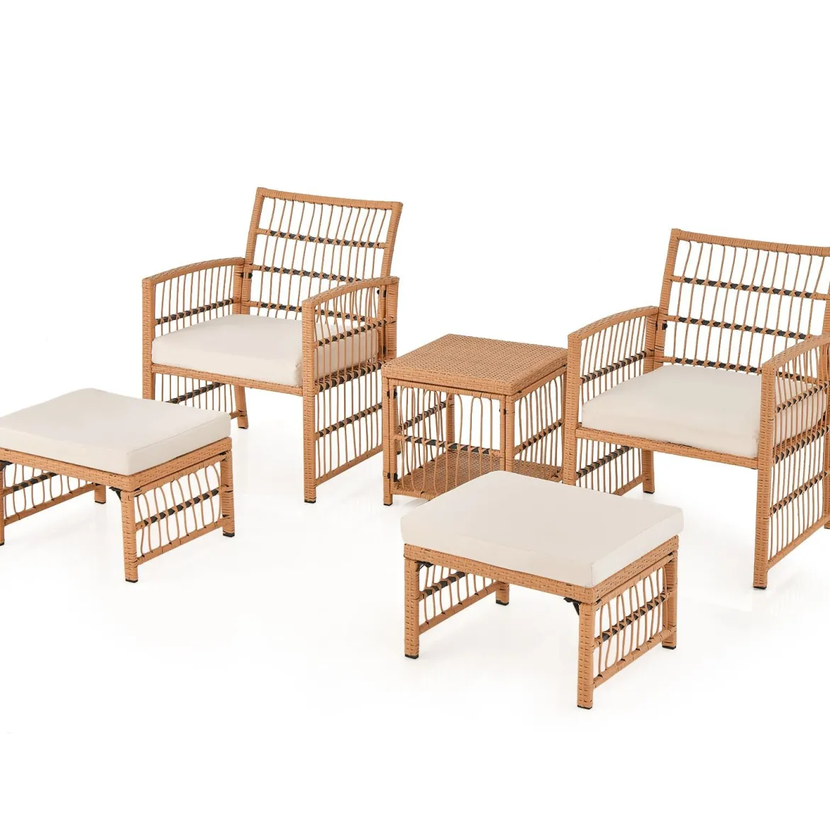5-Teiliges Rattan Gartenmöbel Set Balkonmöbel mit 2 Sessel 2 Hocker & 2-Stöckiger Kaffeetisch Loungeset