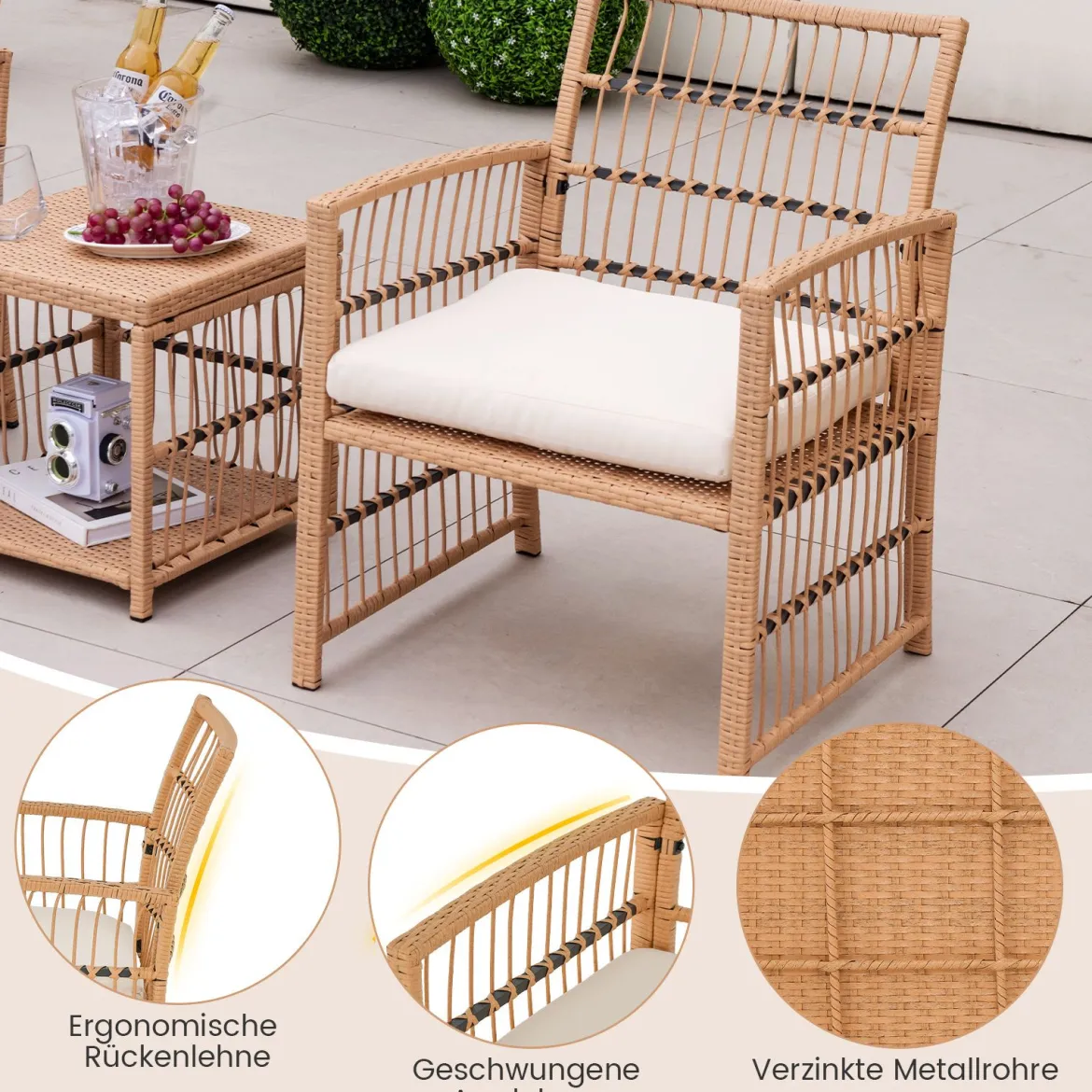 5-Teiliges Rattan Gartenmöbel Set Balkonmöbel mit 2 Sessel 2 Hocker & 2-Stöckiger Kaffeetisch Loungeset