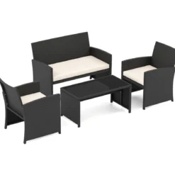4-teiliges Rattan Gartenmöbel Wicker 2-Sitzer Sofa mit gehärtetem Glas-Couchtisch Beige