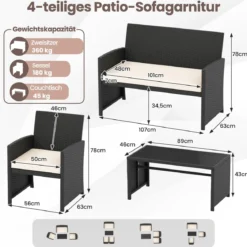 4-teiliges Rattan Gartenmöbel Wicker 2-Sitzer Sofa mit gehärtetem Glas-Couchtisch Beige