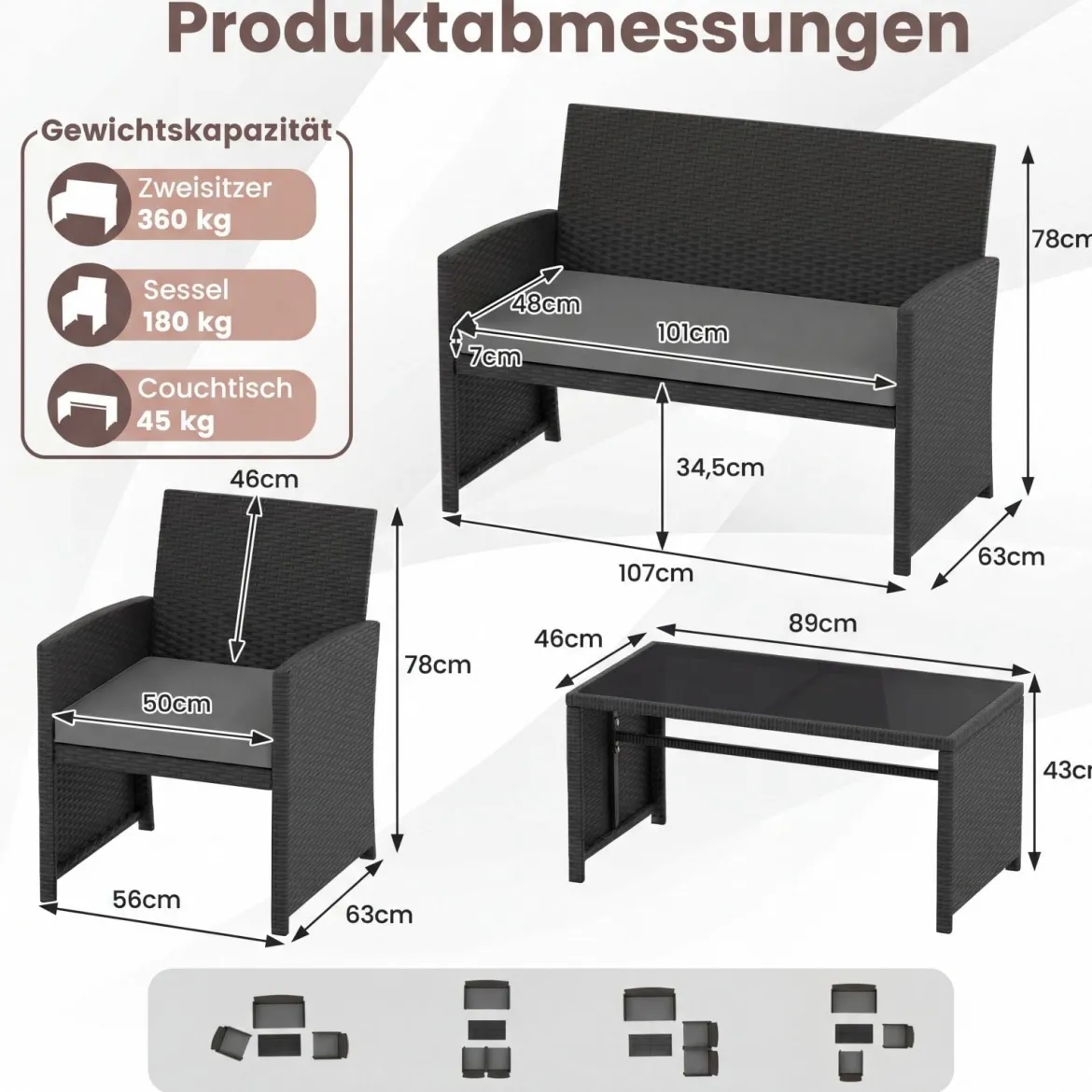 4-teiliges Rattan Gartenmöbel Wicker 2-Sitzer Sofa mit gehärtetem Glas-Couchtisch Grau
