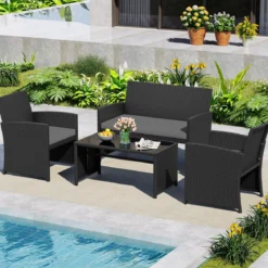 4-teiliges Rattan Gartenmöbel Wicker 2-Sitzer Sofa mit gehärtetem Glas-Couchtisch Grau