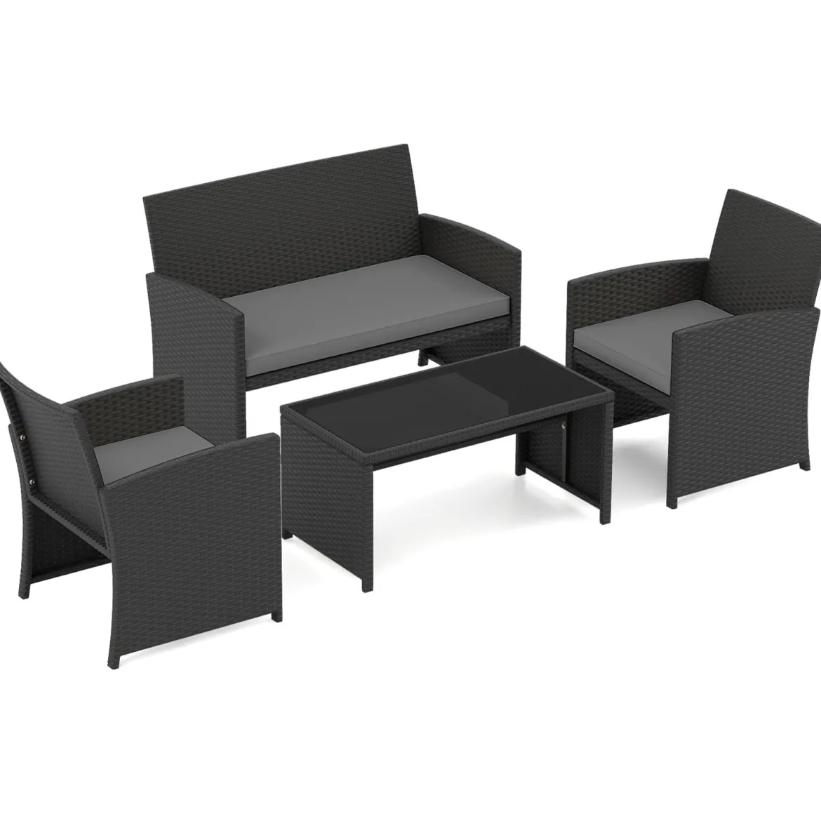 4-teiliges Rattan Gartenmöbel Wicker 2-Sitzer Sofa mit gehärtetem Glas-Couchtisch Grau