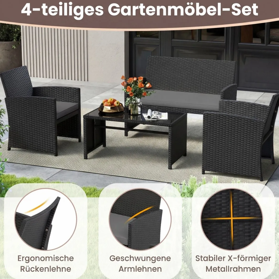 4-teiliges Rattan Gartenmöbel Wicker 2-Sitzer Sofa mit gehärtetem Glas-Couchtisch Grau