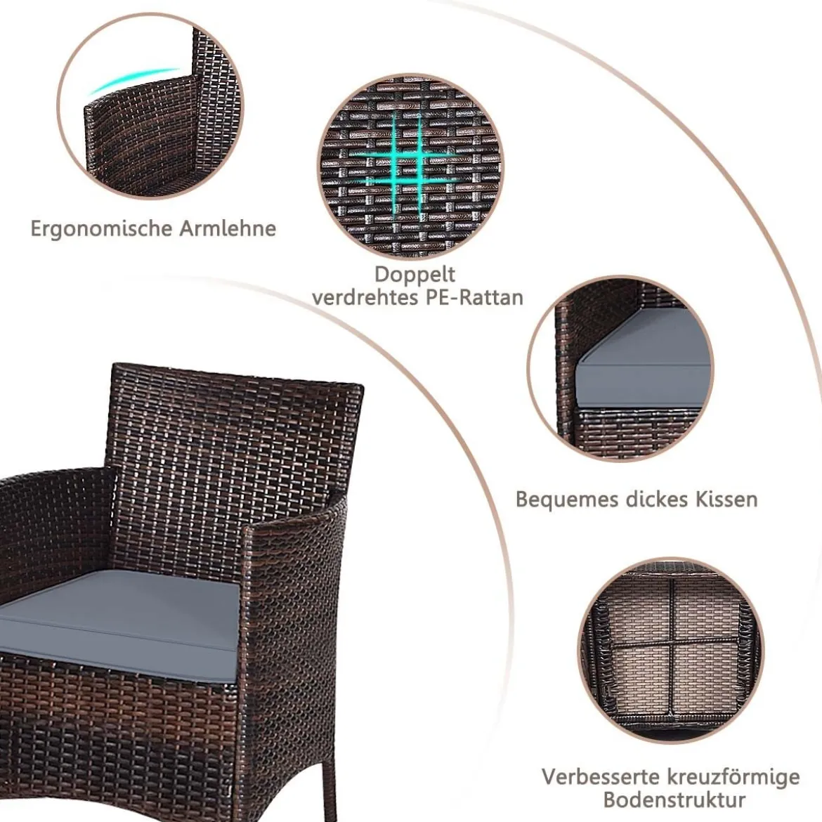 3-teiliges Rattanmöbel-Set Outdoor Rattan-Set mit Kissen Braun + Grau
