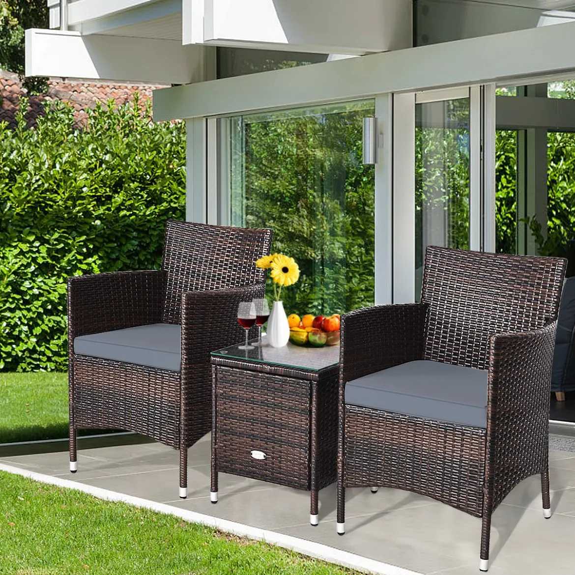 3-teiliges Rattanmöbel-Set Outdoor Rattan-Set mit Kissen Braun + Grau
