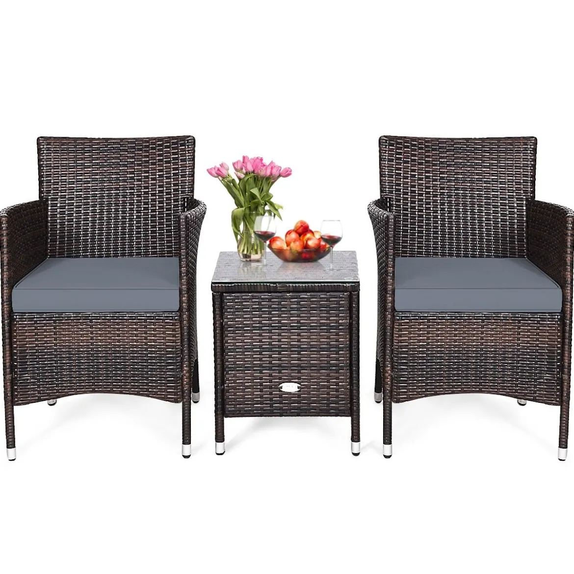 3-teiliges Rattanmöbel-Set Outdoor Rattan-Set mit Kissen Braun + Grau
