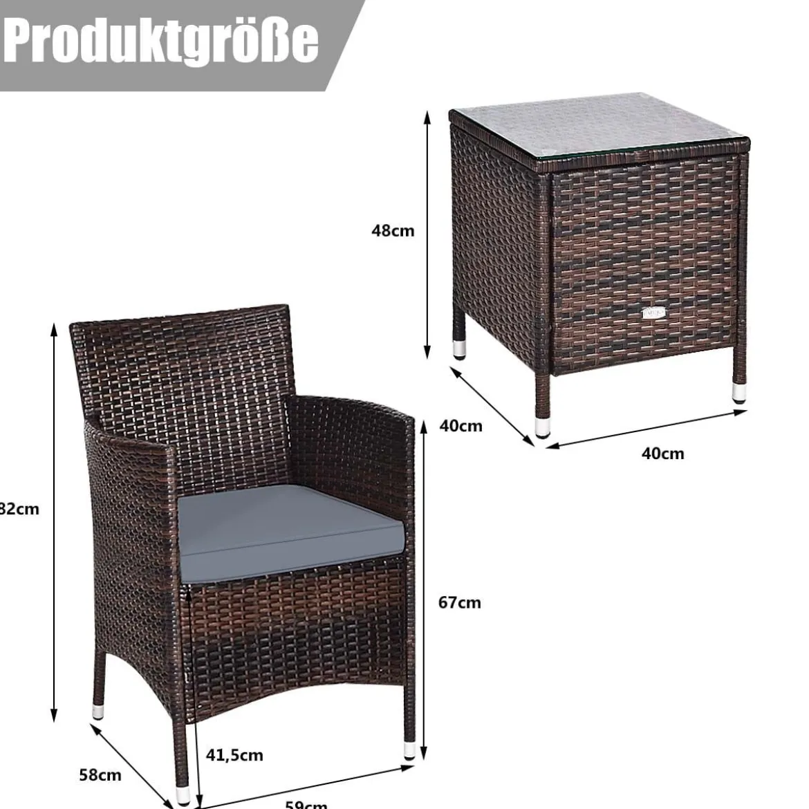 3-teiliges Rattanmöbel-Set Outdoor Rattan-Set mit Kissen Braun + Grau