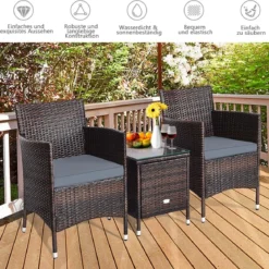 3-teiliges Rattanmöbel-Set Outdoor Rattan-Set mit Kissen Braun + Grau