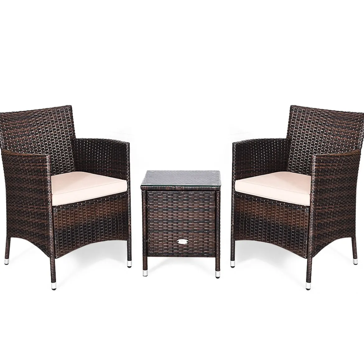 3-teiliges Rattan-Set mit Couchtisch, Stühlen & dicken Kissen Braun + Beige