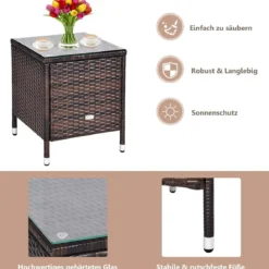 3-teiliges Rattan-Set mit Couchtisch, Stühlen & dicken Kissen Braun + Beige