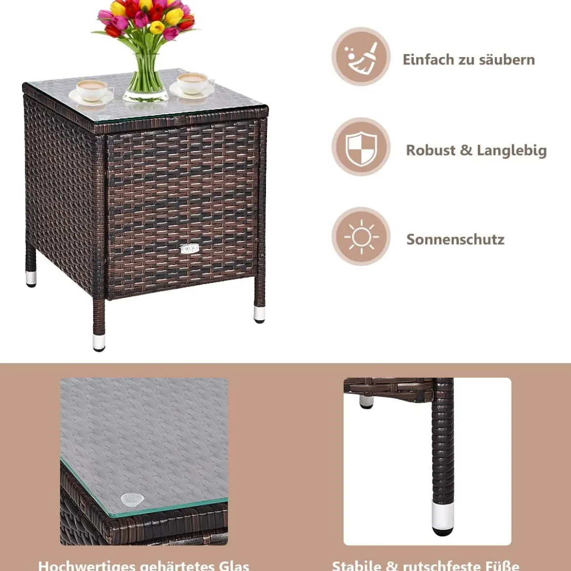 3-teiliges Rattan-Set mit Couchtisch, Stühlen & dicken Kissen Braun + Beige