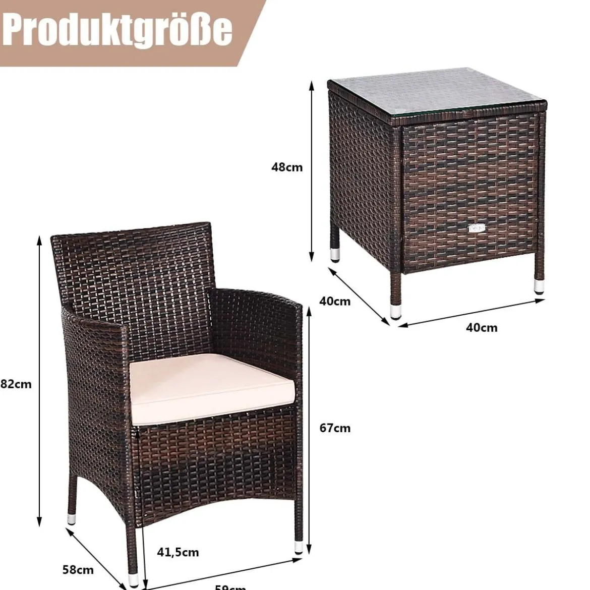 3-teiliges Rattan-Set mit Couchtisch, Stühlen & dicken Kissen Braun + Beige