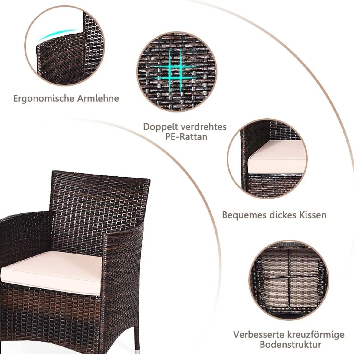 3-teiliges Rattan-Set mit Couchtisch, Stühlen & dicken Kissen Braun + Beige