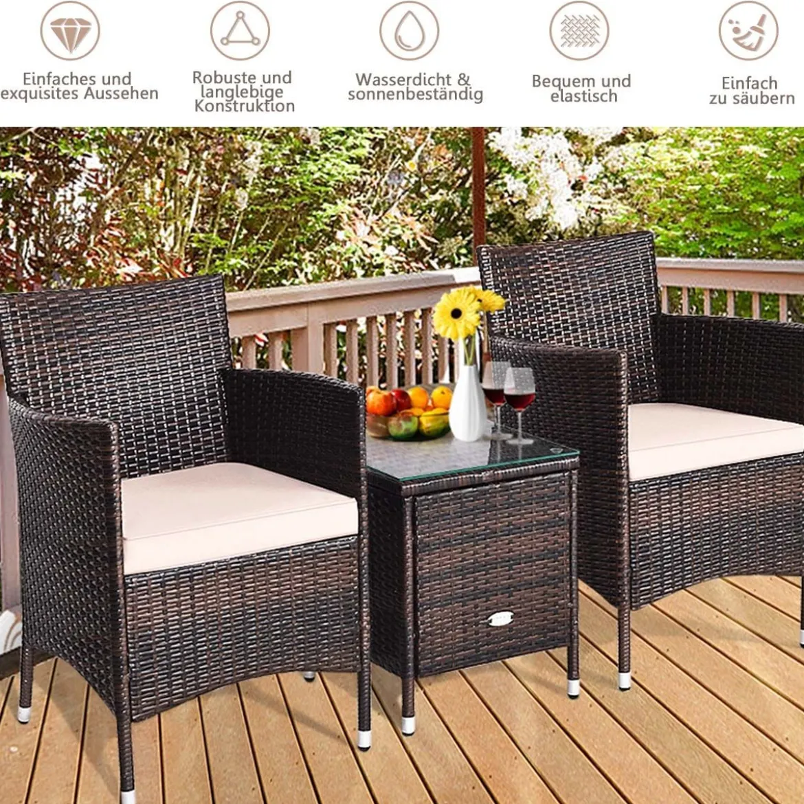 3-teiliges Rattan-Set mit Couchtisch, Stühlen & dicken Kissen Braun + Beige