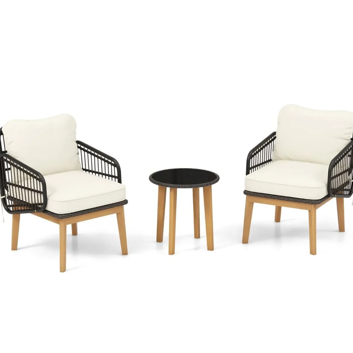 3-teiliges Rattan Terrassenmöbel Set Garten Sitzgarnitur 2 Korbstühle & Glas Beistelltisch & Kissen