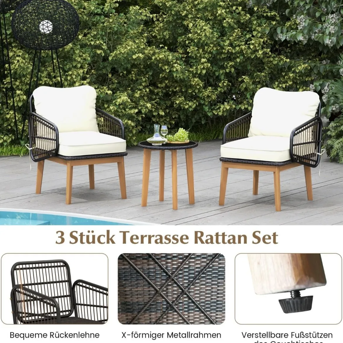 3-teiliges Rattan Terrassenmöbel Set Garten Sitzgarnitur 2 Korbstühle & Glas Beistelltisch & Kissen