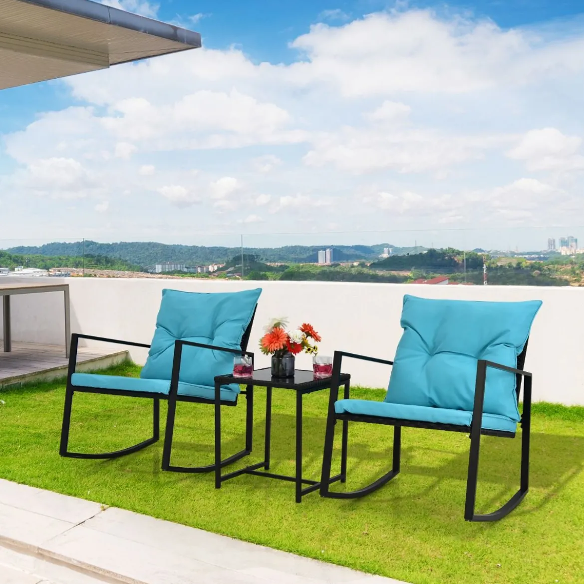3-Teiliges Schaukel-Bistro-Set Outdoor-Geflechtmöbel-Set 60 x 78 x 78 cm Türkis