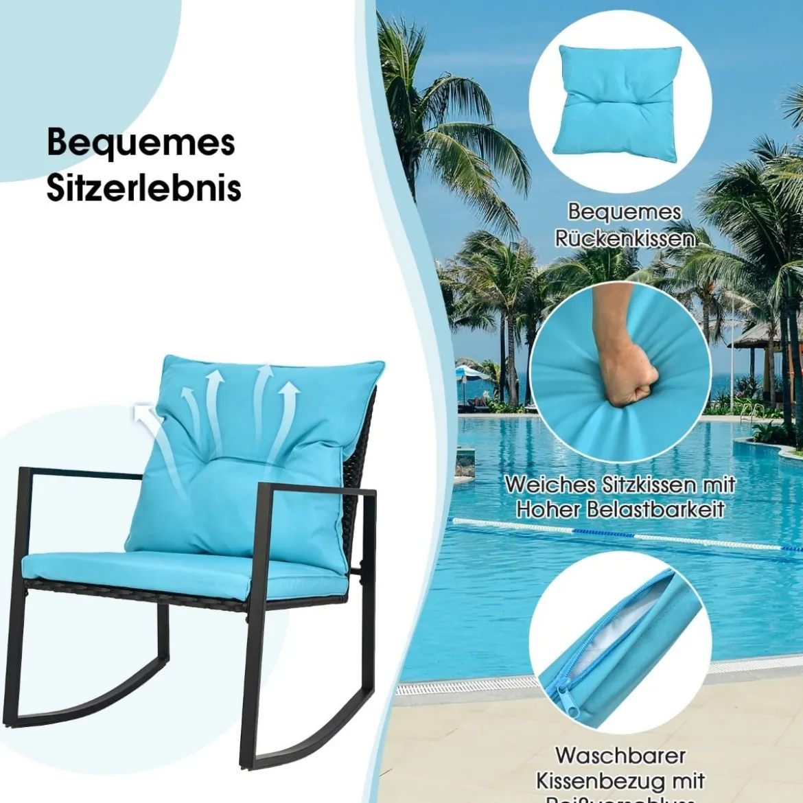 3-Teiliges Schaukel-Bistro-Set Outdoor-Geflechtmöbel-Set 60 x 78 x 78 cm Türkis