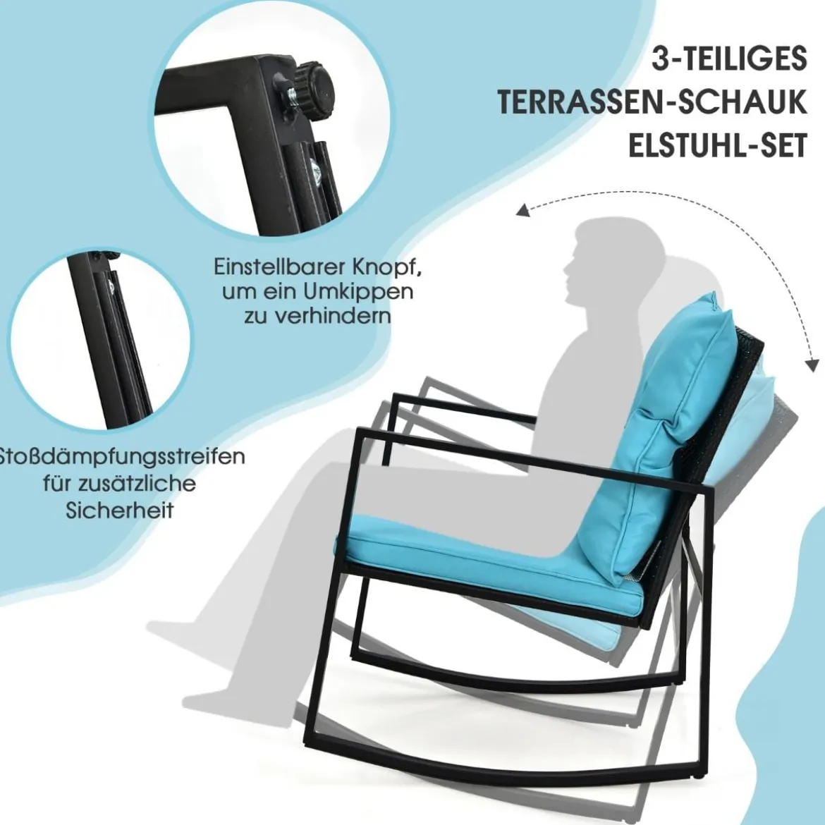 3-Teiliges Schaukel-Bistro-Set Outdoor-Geflechtmöbel-Set 60 x 78 x 78 cm Türkis