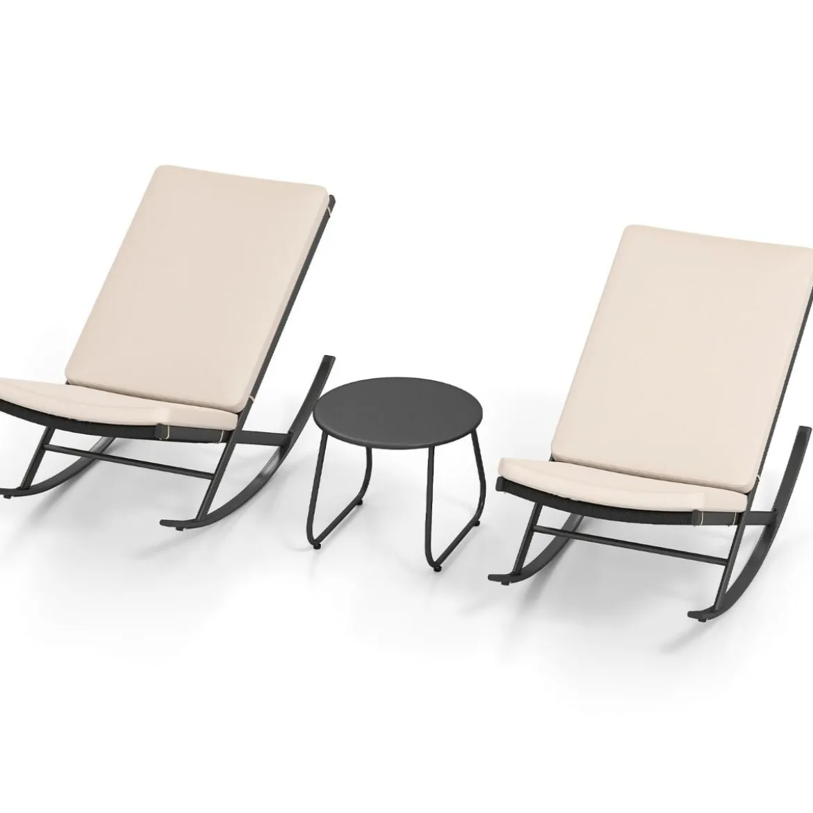 3-teiliges Schaukel-Bistro-Set PE-Rattan-Stühle mit Metall-Couchtisch & dicken Kissen Gartenmöbel-Set