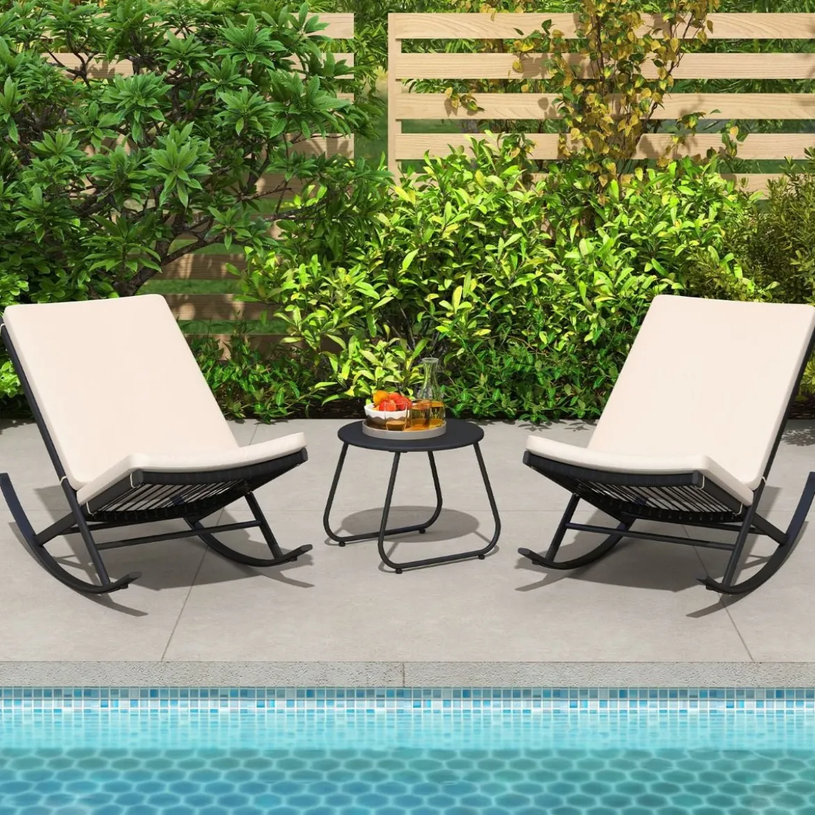 3-teiliges Schaukel-Bistro-Set PE-Rattan-Stühle mit Metall-Couchtisch & dicken Kissen Gartenmöbel-Set