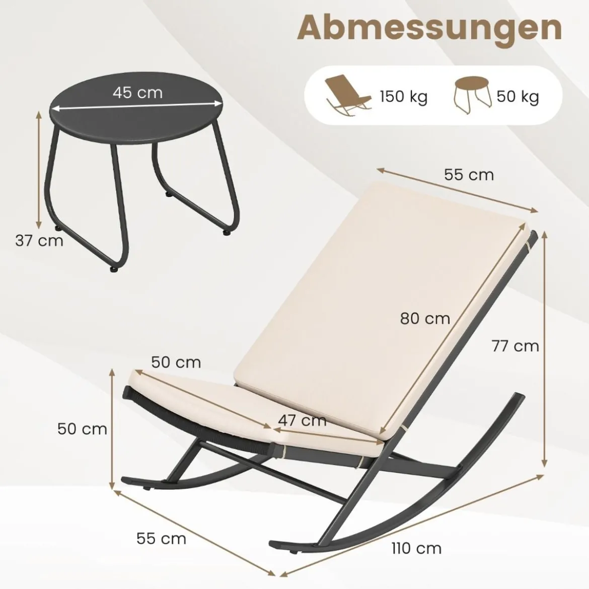 3-teiliges Schaukel-Bistro-Set PE-Rattan-Stühle mit Metall-Couchtisch & dicken Kissen Gartenmöbel-Set
