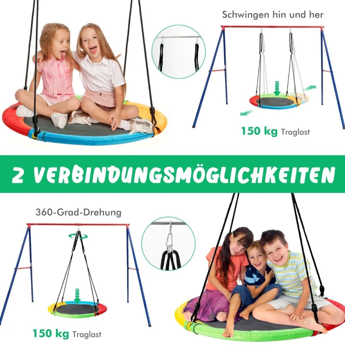 2-teiliges Schaukel-Set mit verstellbaren Seilen & 2 hängenden Wege für Terrasse Spielplatz Hof Bunt