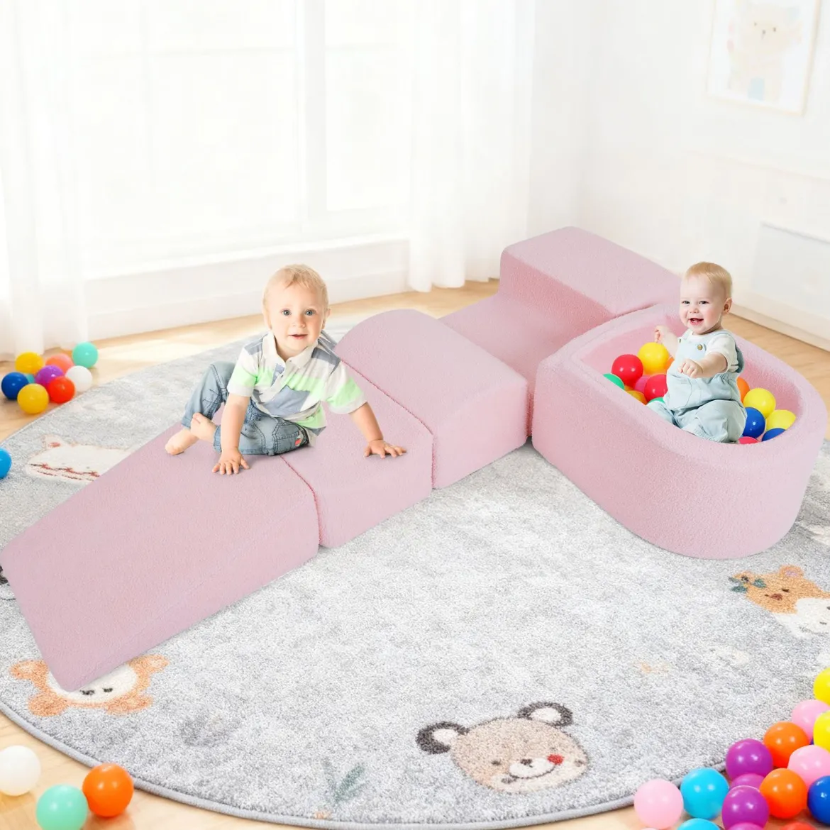 5-teiliges Schaumstoffbausteine für Kleinkinder Softbausteine mit Bällebad (ohne Bälle) & Sherpa-Bezügen Indoor Rosa