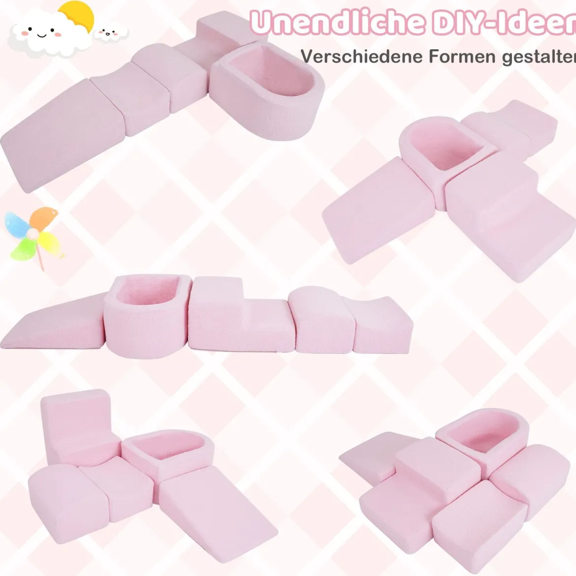 5-teiliges Schaumstoffbausteine für Kleinkinder Softbausteine mit Bällebad (ohne Bälle) & Sherpa-Bezügen Indoor Rosa