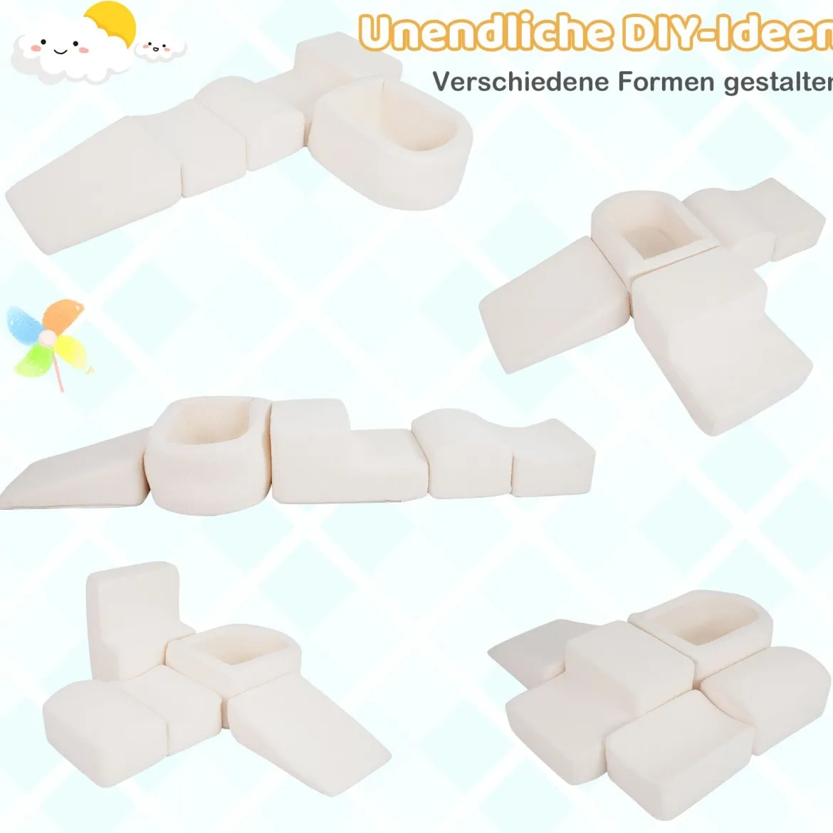 5-teiliges Schaumstoffbausteine für Kleinkinder Softbausteine mit Bällebad (ohne Bälle) & Sherpa-Bezügen Indoor Beige
