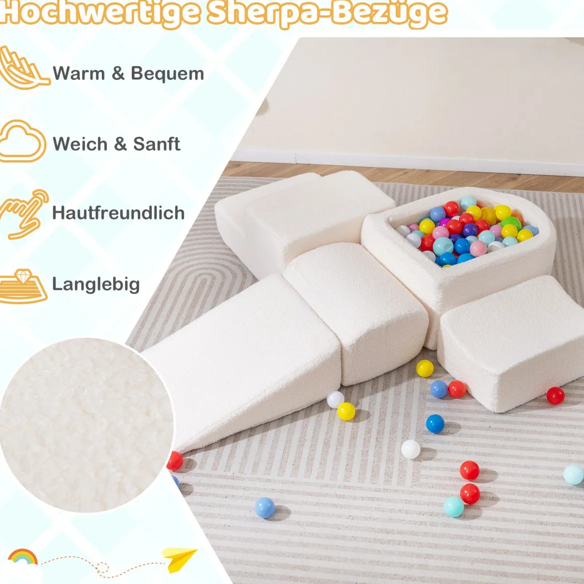 5-teiliges Schaumstoffbausteine für Kleinkinder Softbausteine mit Bällebad (ohne Bälle) & Sherpa-Bezügen Indoor Beige