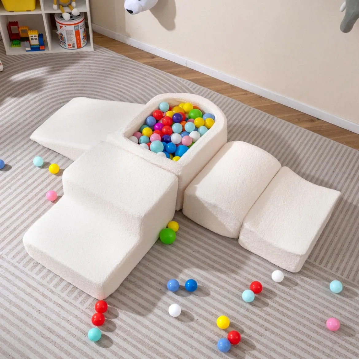 5-teiliges Schaumstoffbausteine für Kleinkinder Softbausteine mit Bällebad (ohne Bälle) & Sherpa-Bezügen Indoor Beige
