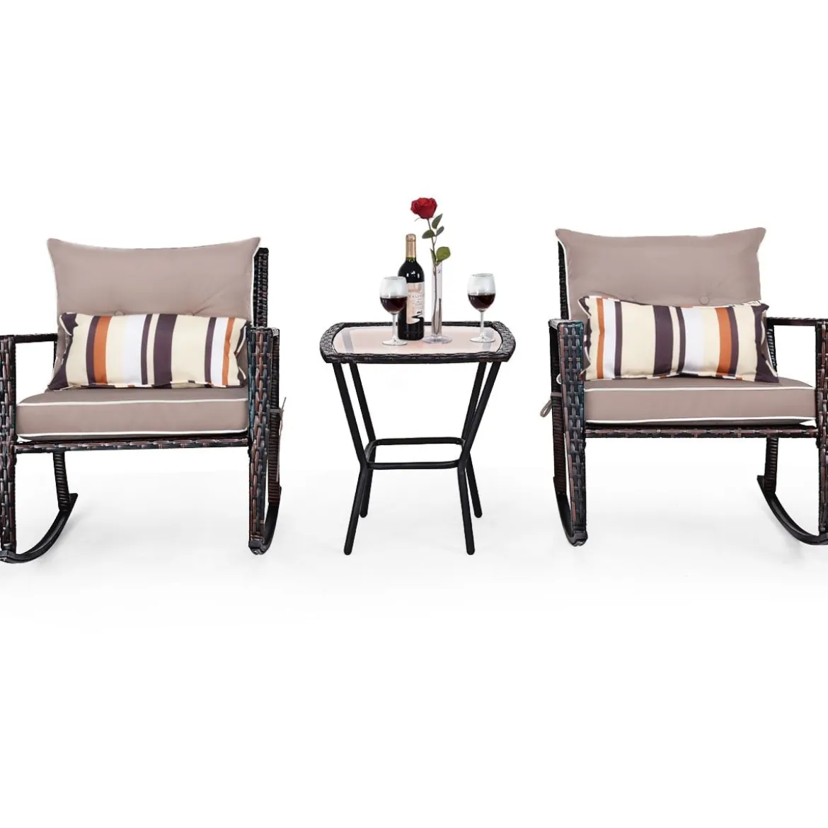 3-teiliges Set Rustikales Outdoor-Set mit abnehmbaren Sitzkissen 68 x 77 x 82 cm Braun + Schwarz