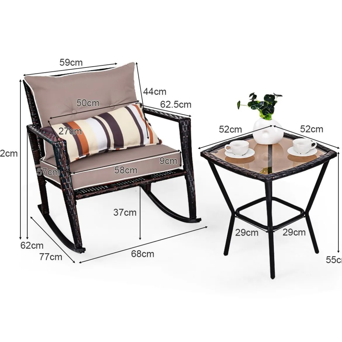 3-teiliges Set Rustikales Outdoor-Set mit abnehmbaren Sitzkissen 68 x 77 x 82 cm Braun + Schwarz