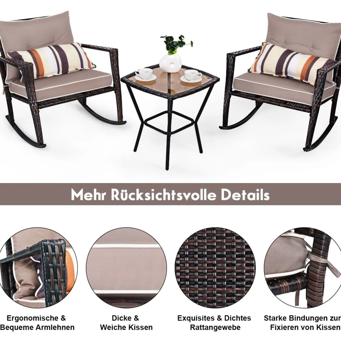 3-teiliges Set Rustikales Outdoor-Set mit abnehmbaren Sitzkissen 68 x 77 x 82 cm Braun + Schwarz