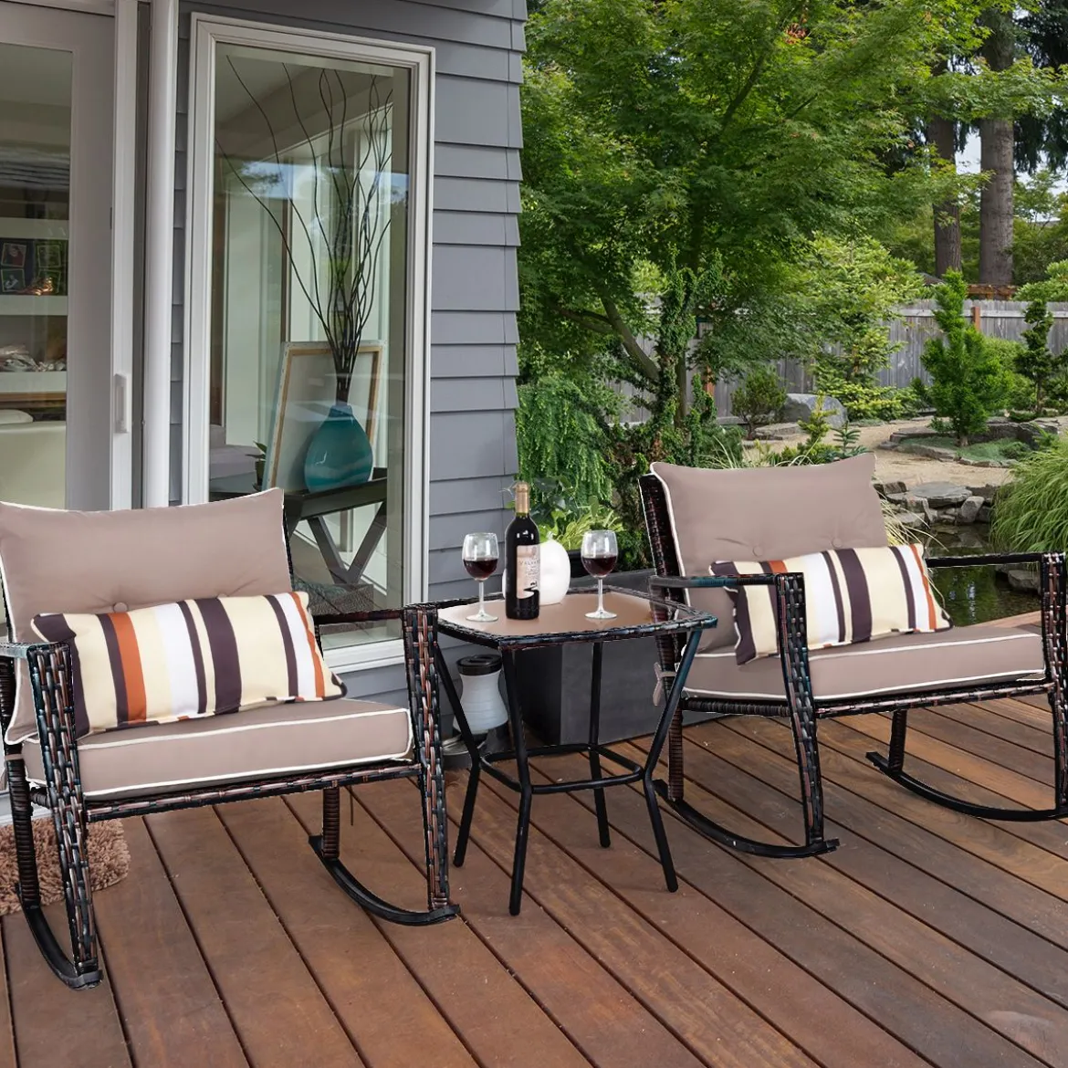 3-teiliges Set Rustikales Outdoor-Set mit abnehmbaren Sitzkissen 68 x 77 x 82 cm Braun + Schwarz
