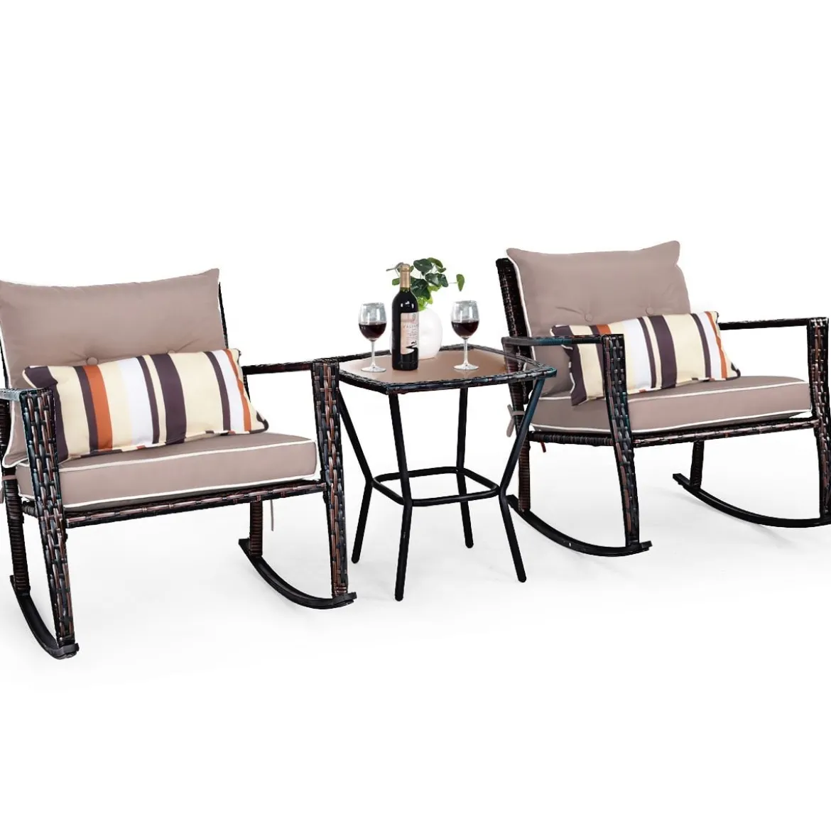 3-teiliges Set Rustikales Outdoor-Set mit abnehmbaren Sitzkissen 68 x 77 x 82 cm Braun + Schwarz