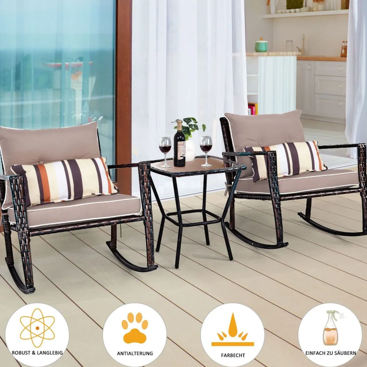 3-teiliges Set Rustikales Outdoor-Set mit abnehmbaren Sitzkissen 68 x 77 x 82 cm Braun + Schwarz