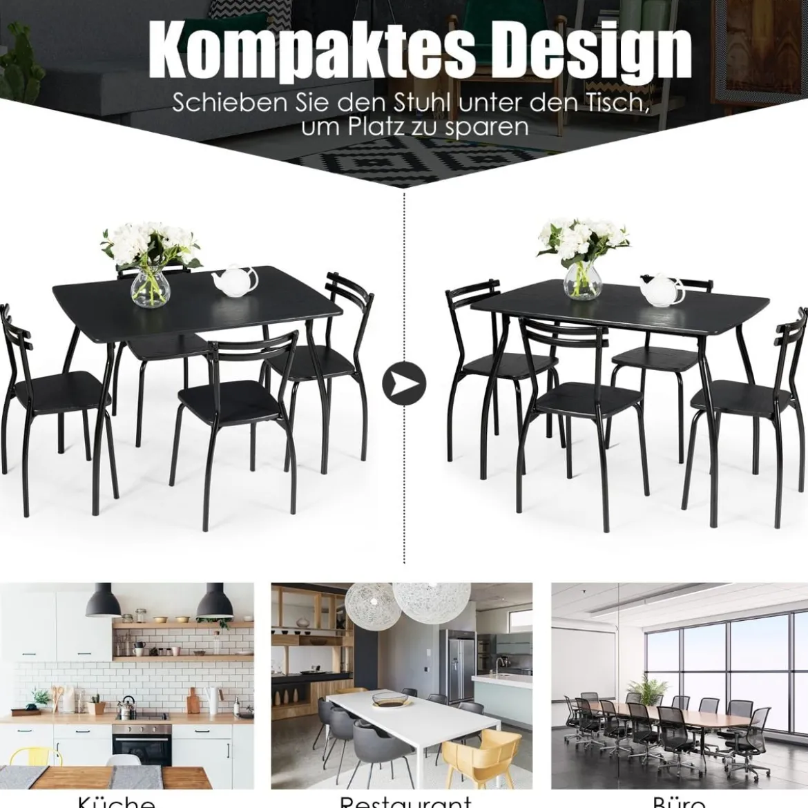 5-teilig Esstisch-Set Minimalistische Essgruppe mit 4 Stühlen 4 Personen Sitzgruppe Schwarz
