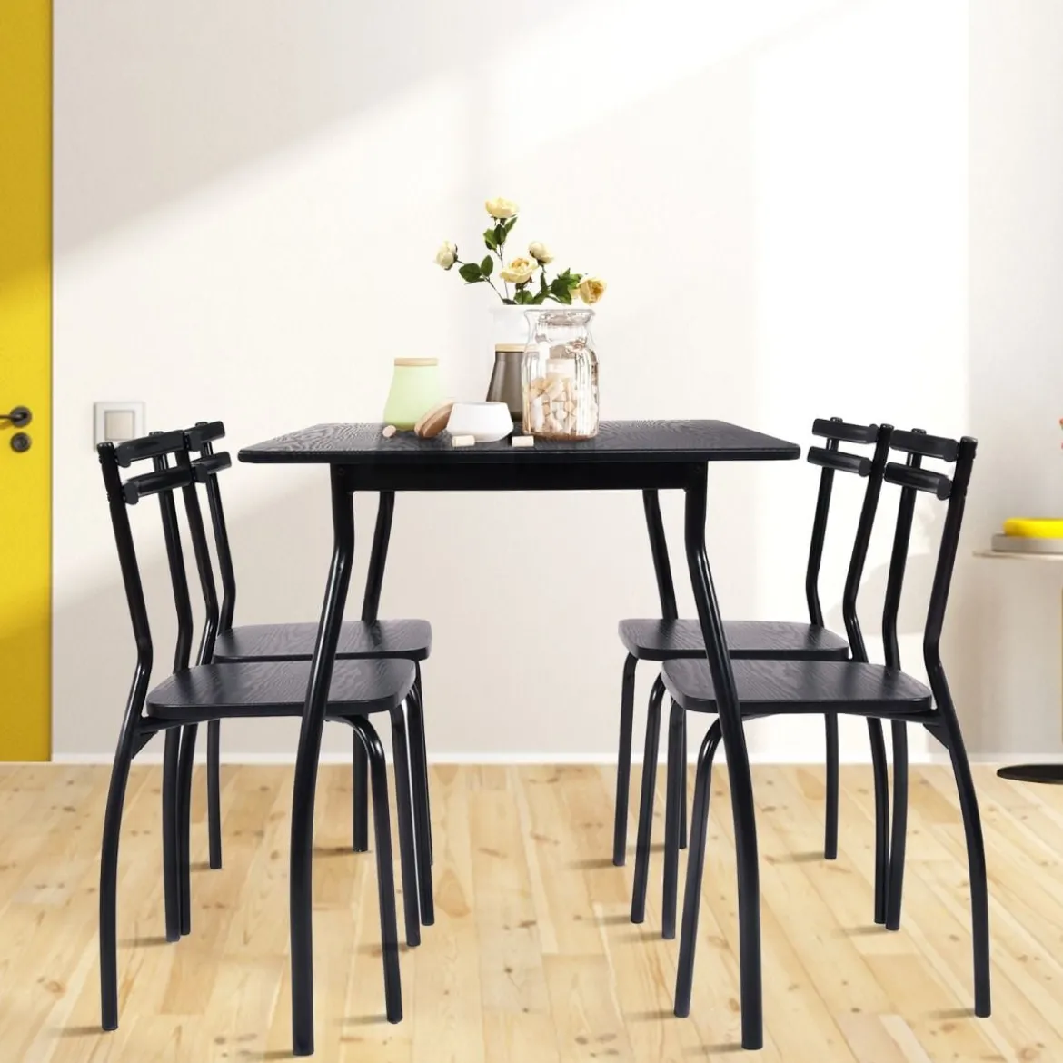 5-teilig Esstisch-Set Minimalistische Essgruppe mit 4 Stühlen 4 Personen Sitzgruppe Schwarz