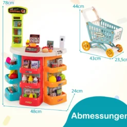 76-teiliges Supermarkt mit Einkaufswagen Kaufladen mit Waage & Scanner Kaufmannsladen Blau