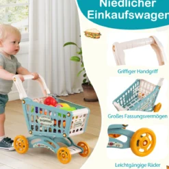 76-teiliges Supermarkt mit Einkaufswagen Kaufladen mit Waage & Scanner Kaufmannsladen Blau