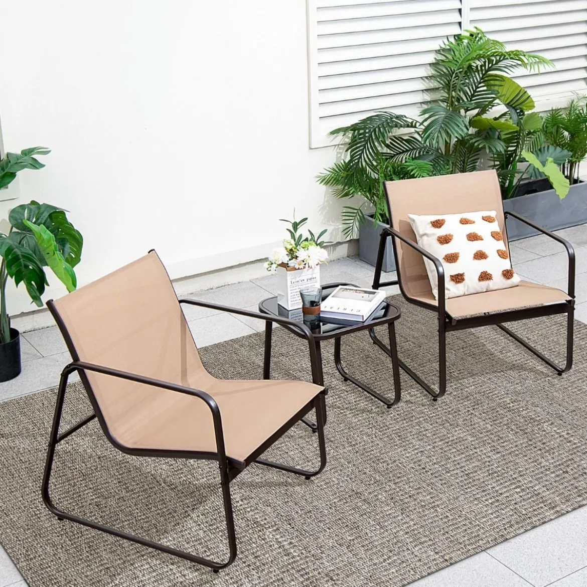 3-Teiliges Terrassen-Gesprächsset Outdoor-Metallstuhl- und Tischset Braun