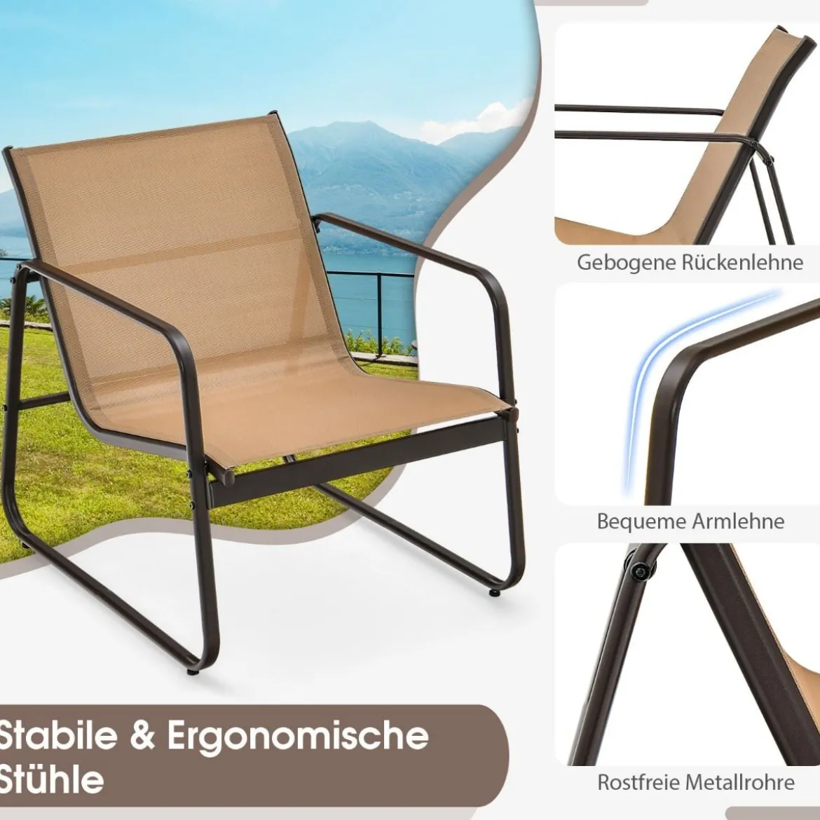 3-Teiliges Terrassen-Gesprächsset Outdoor-Metallstuhl- und Tischset Braun
