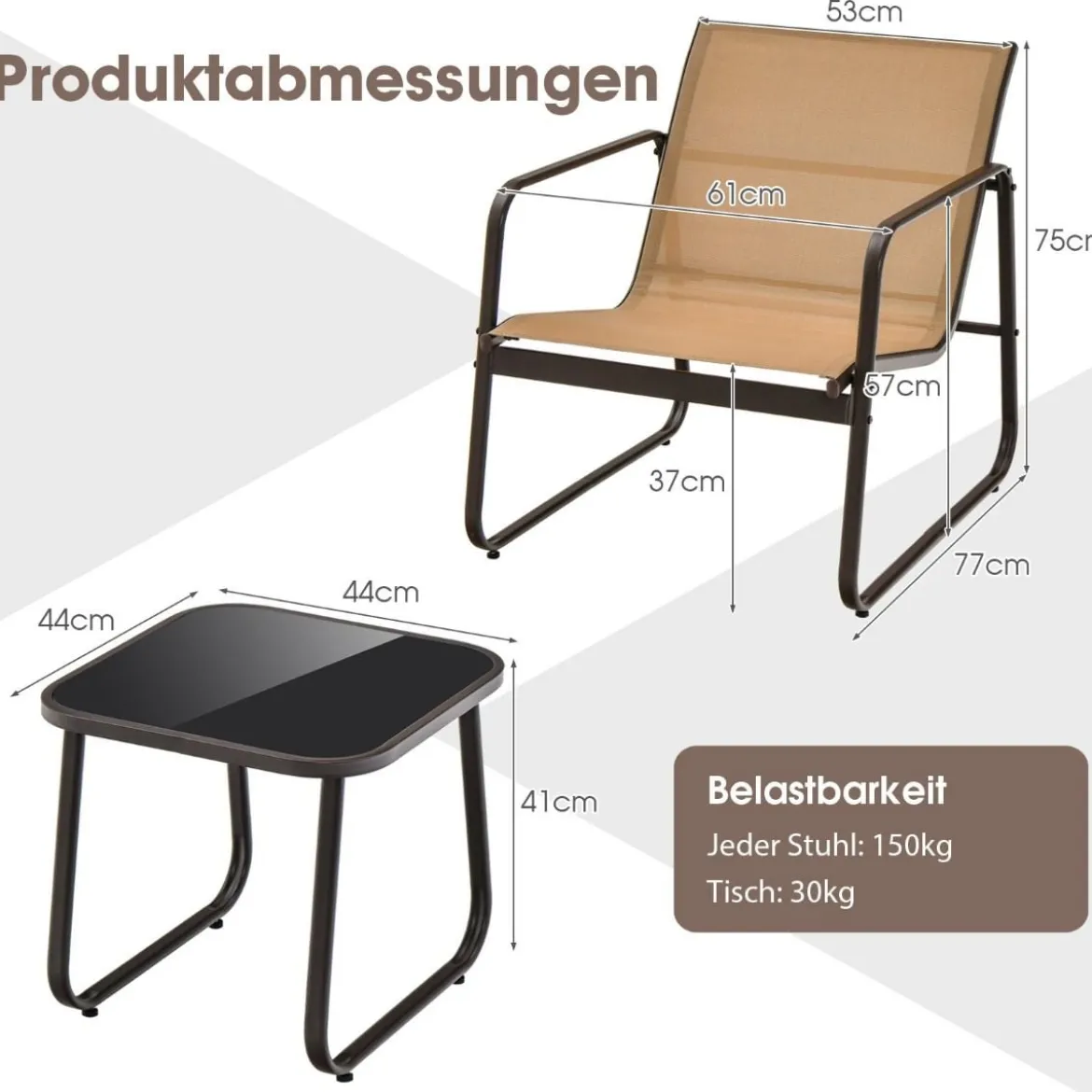 3-Teiliges Terrassen-Gesprächsset Outdoor-Metallstuhl- und Tischset Braun